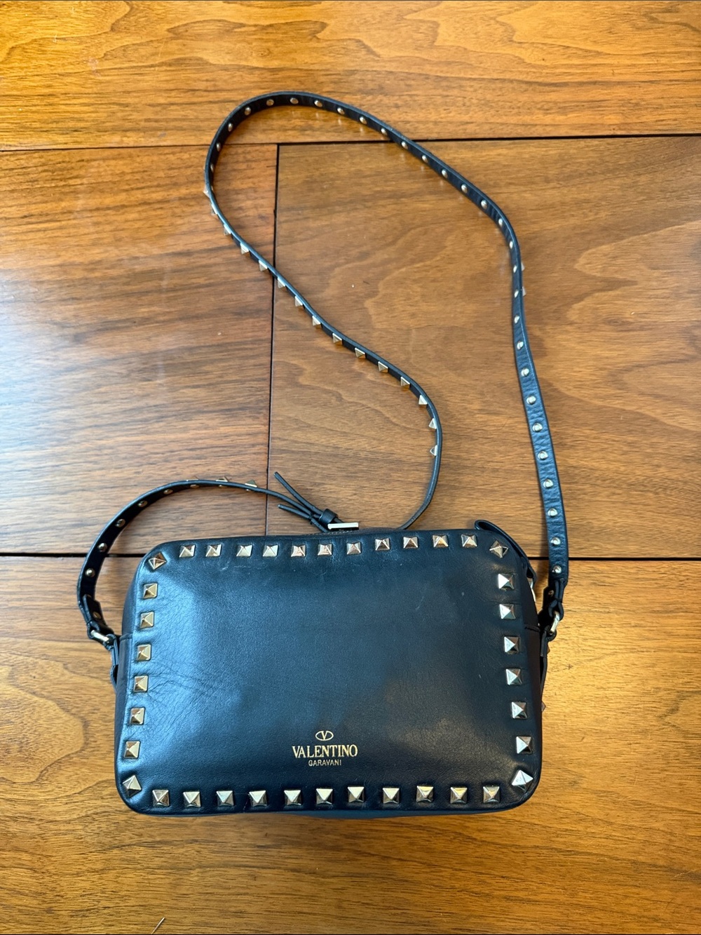 Valentino Garavani Black Leather Rockstud Crossbody with Gold-Tone Studs